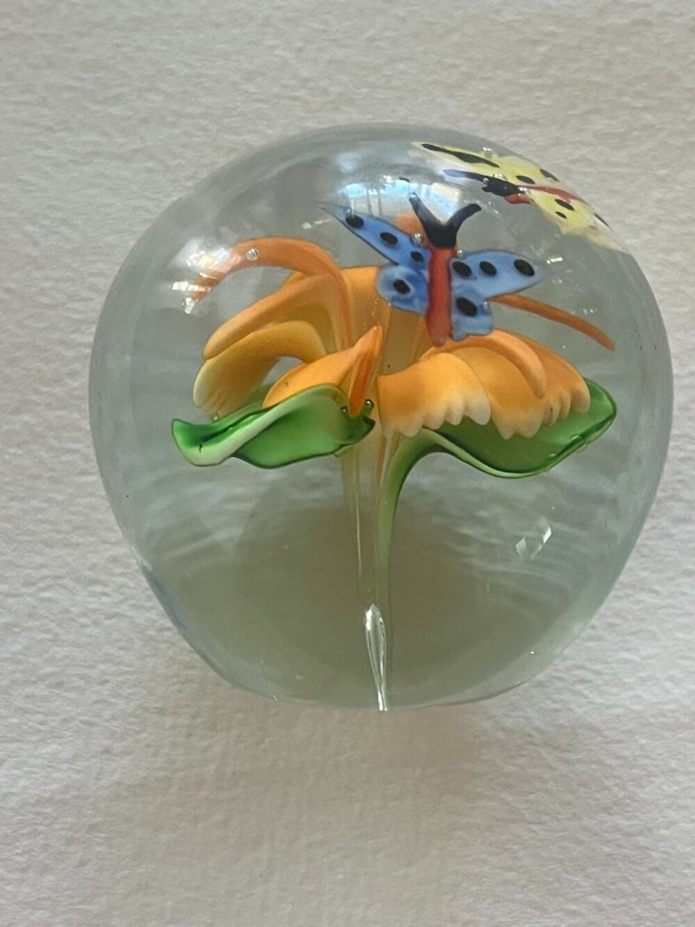 Vintage Art Glass Paperweight Butterflies Orange Flower Hand Blown Cottagecore